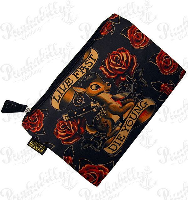 "Live Fast Die Young" Cosmetic Bag with inside zip pocket.